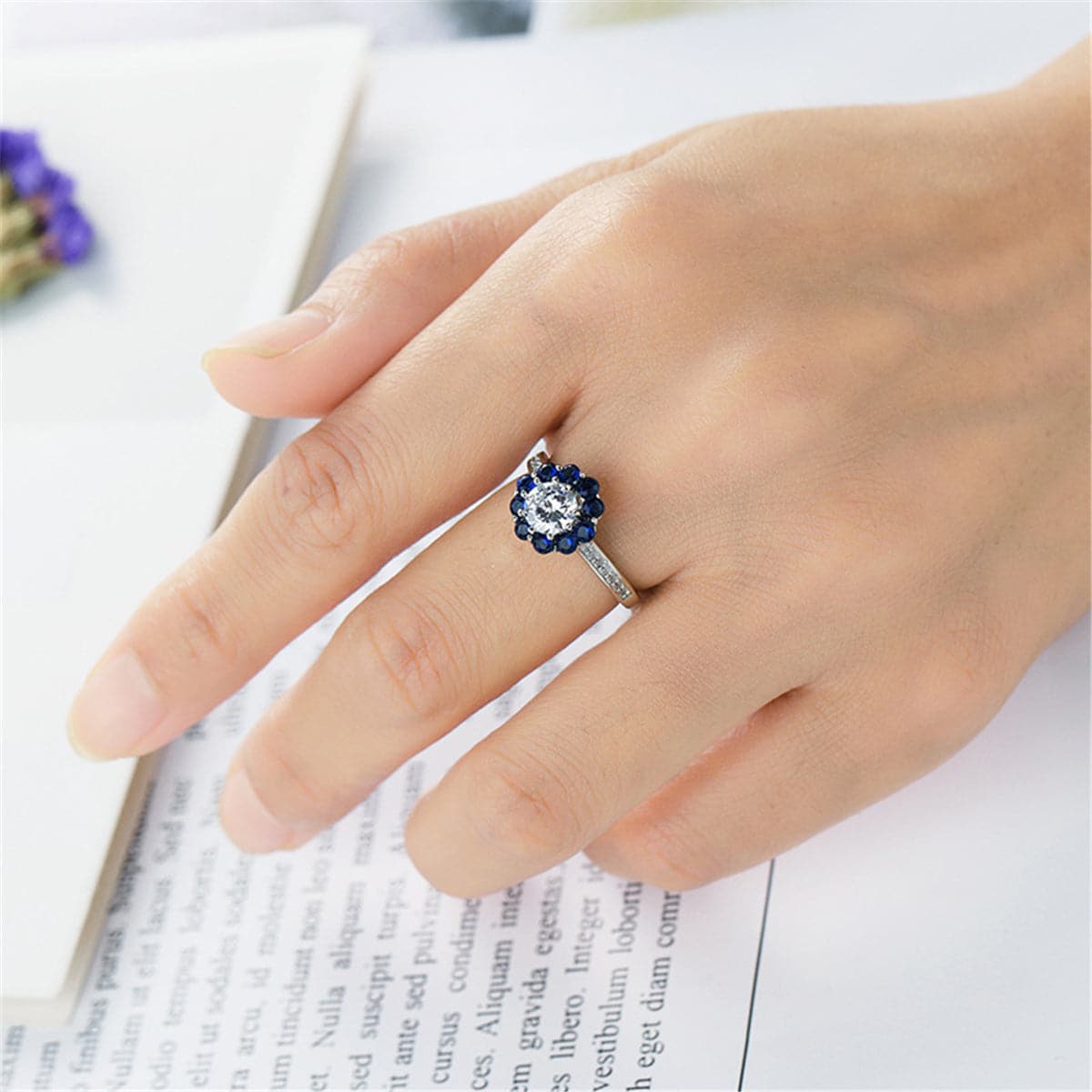 Crystal & Navy Cubic Zirconia Sunflower Ring