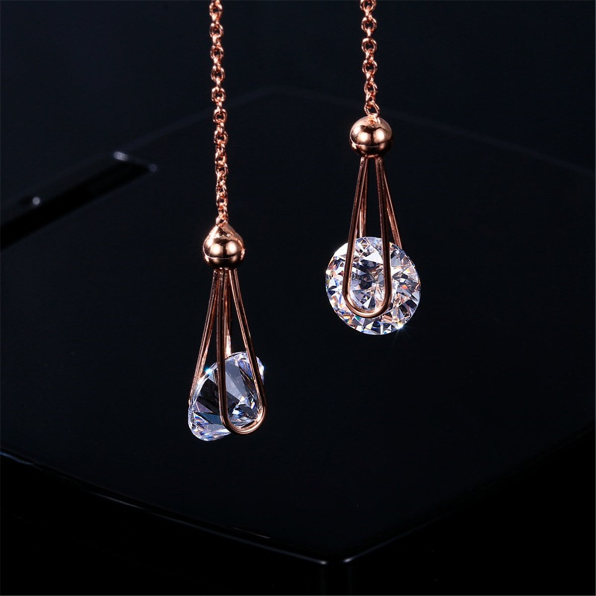 Cubic Zirconia & 18K Rose Gold-Plated Threader Earrings