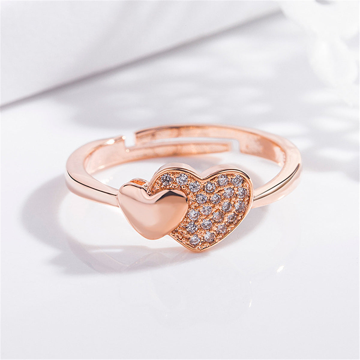 18K Rose Gold-Plated Cubic Zirconia Heart Adjustable Ring, rose gold statement rings for women, side view