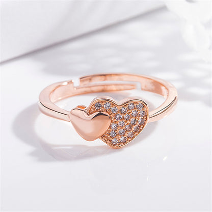18K Rose Gold-Plated Cubic Zirconia Heart Adjustable Ring, rose gold statement rings for women, side view