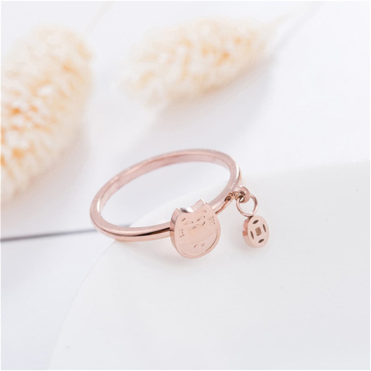18K Rose Gold-Plated Kitty and Coin Ring, rose gold statement rings for women, elegant gift for her, front view