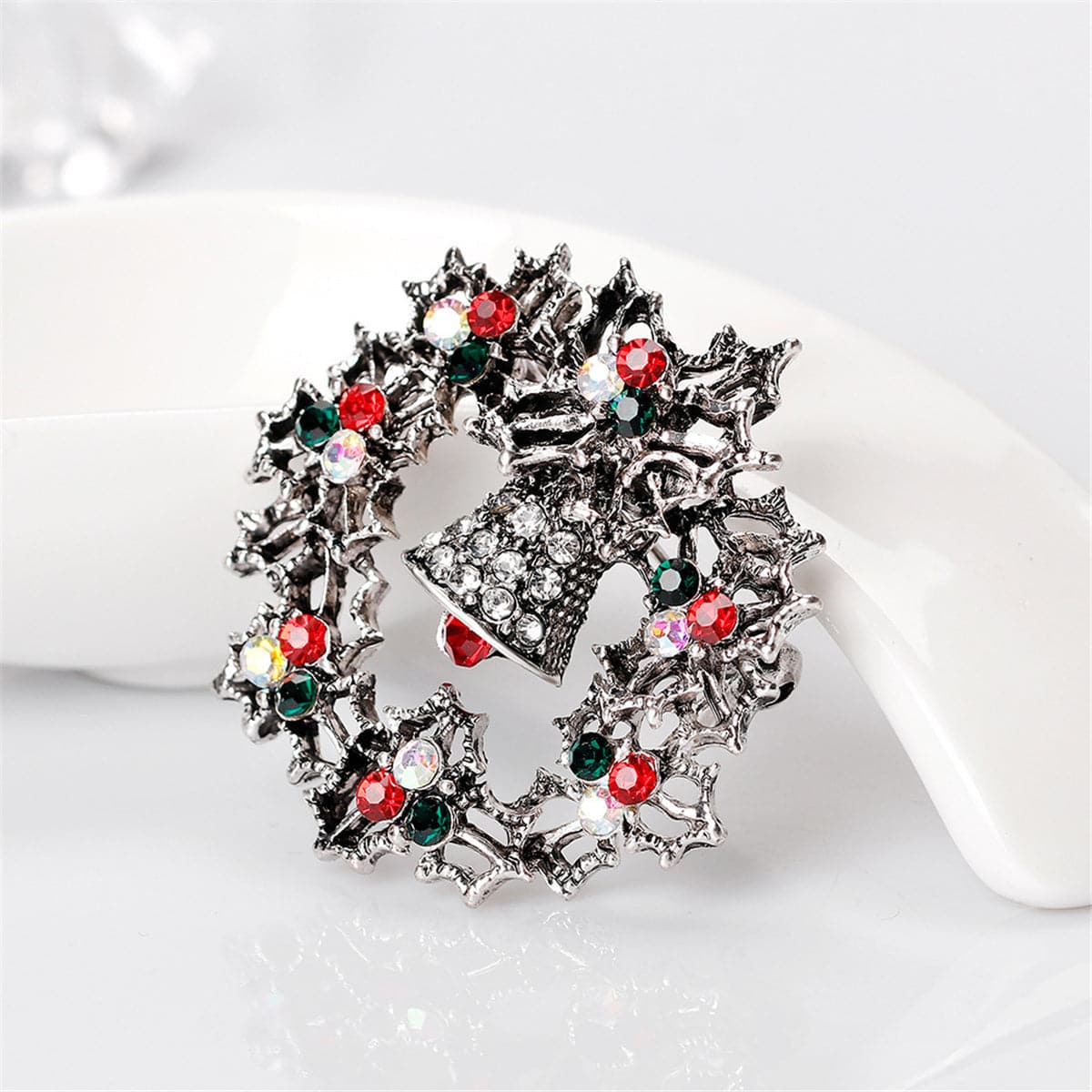 Cubic Zirconia & Silver-Plated Bell Wreath Brooch