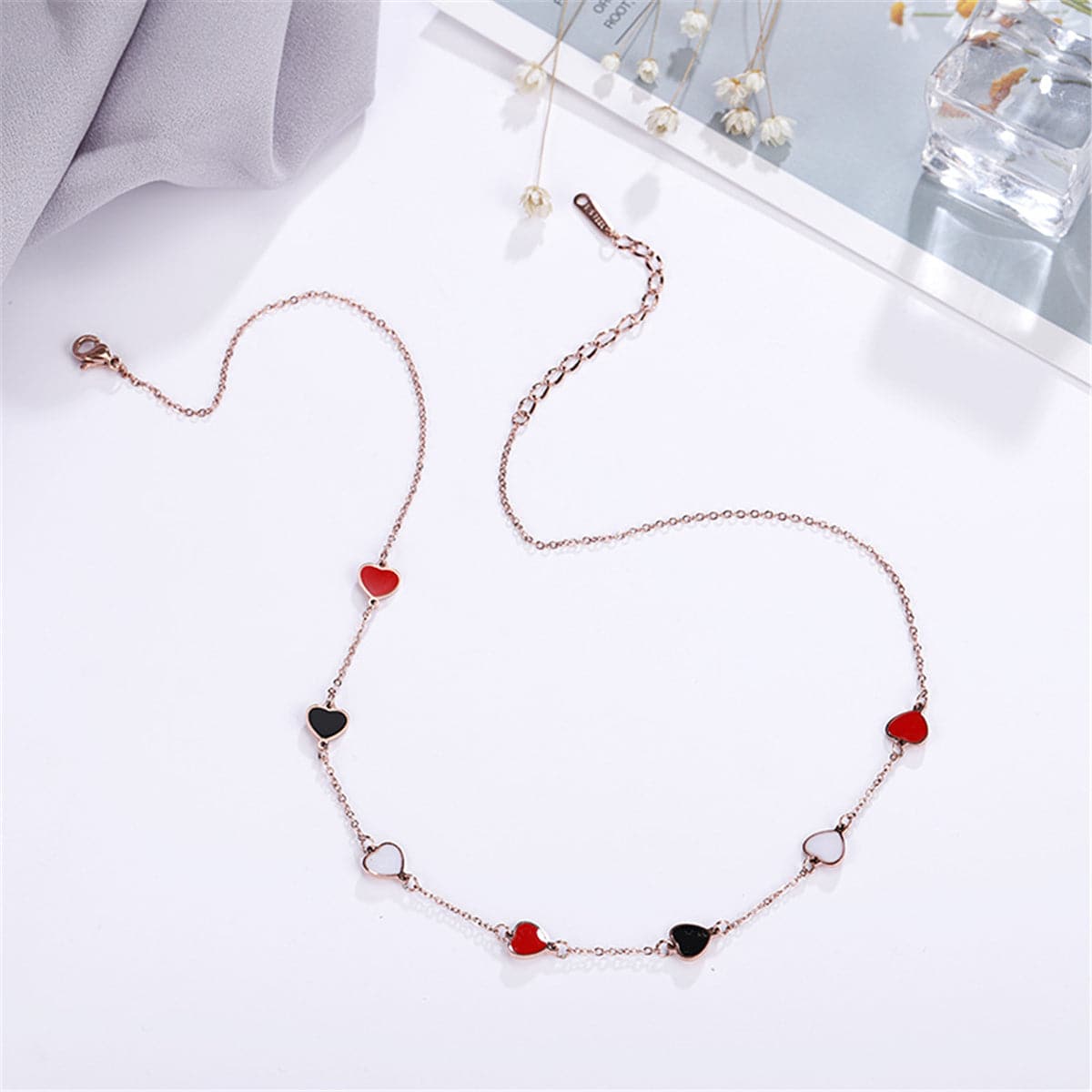 18K Rose Gold-Plated Heart Station Necklace, rose gold pendant necklace for women, vintage-inspired design, side view