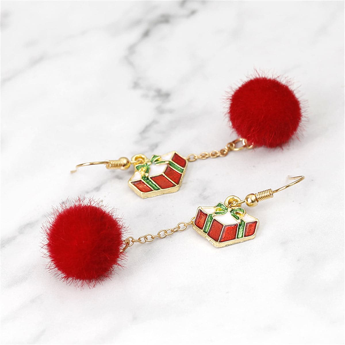 Red Enamel and 18K Gold-Plated Pom-Pom Gift Drop Earrings, gold drop earrings for women, vintage-inspired design, side view