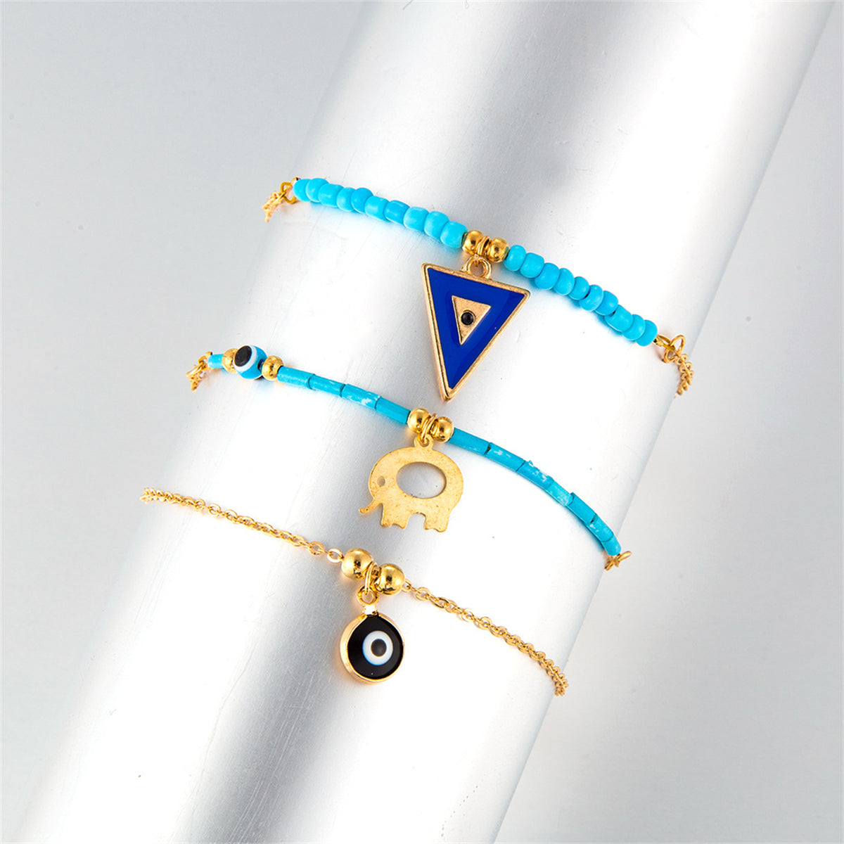 Turquoise & 18K Gold-Plated Elephant Charm Anklet Set