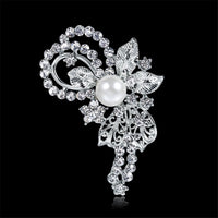Imitation Pearl & Cubic Zirconia Leaf Filigree Brooch