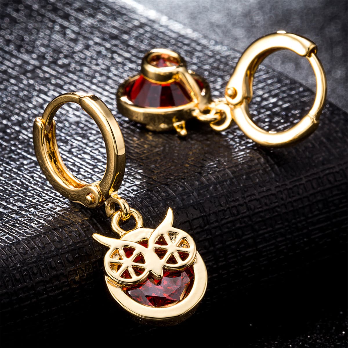 Red cubic zirconia & 18k Gold-Plated Owl Bezel Drop Earrings - streetregion