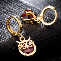 Red cubic zirconia & 18k Gold-Plated Owl Bezel Drop Earrings - streetregion