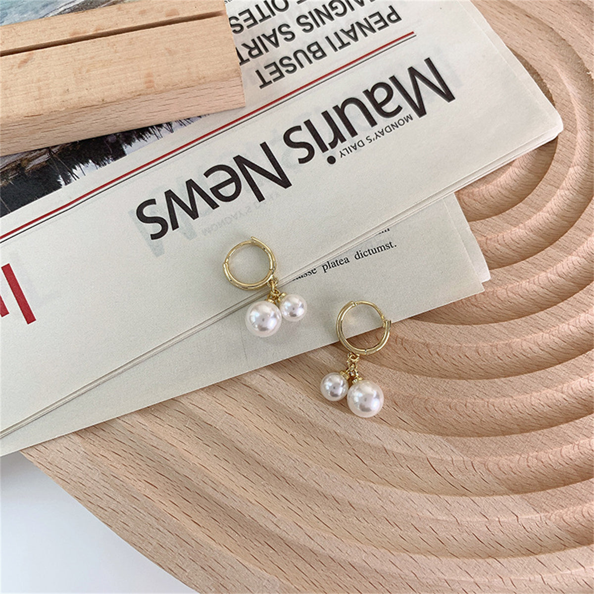 Pearl and 18K Gold-Plated Double Charm Drop Earrings, gold huggie earrings, elegant gift for her, lifestyle look