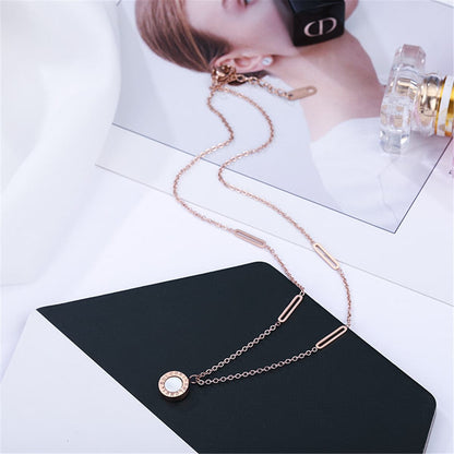 Black and 18K Rose Gold-Plated Roman Numeral Plate Pendant Necklace, rose gold pendant necklace for women, detail close-up