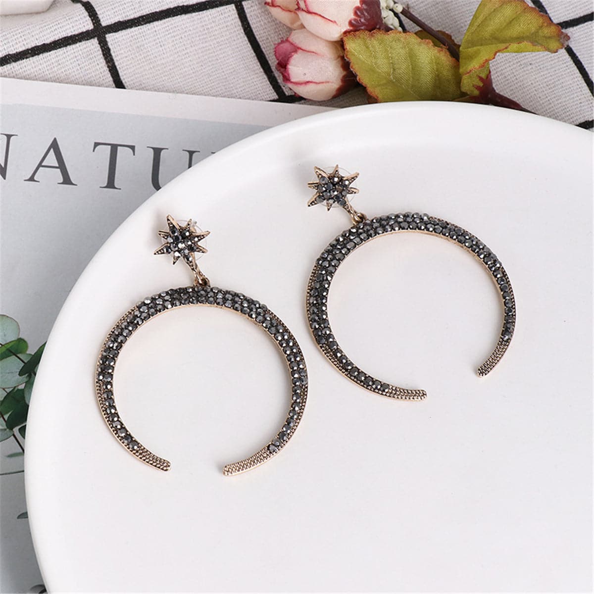 Black Cubic Zirconia Star & Moon Drop Earrings