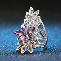 Purple Crystal & Cubic Zirconia Flower Cluster Band Ring