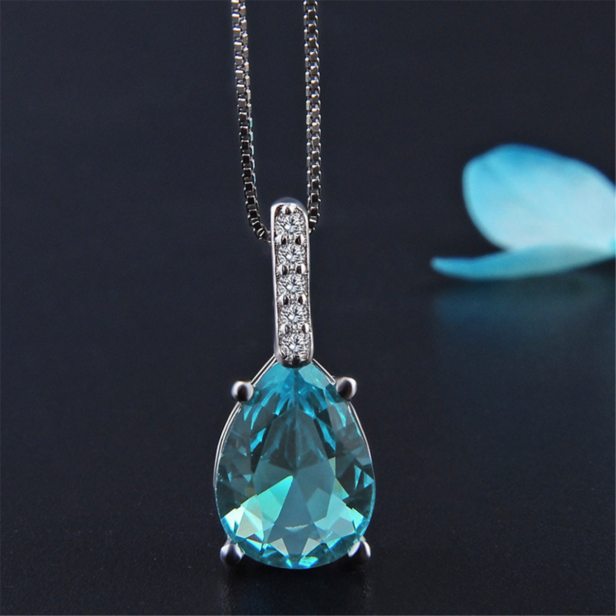 Cubic Zirconia and Aqua Pear Cut Crystal Bezel Prong Pendant Necklace, pendant necklace for women, front view