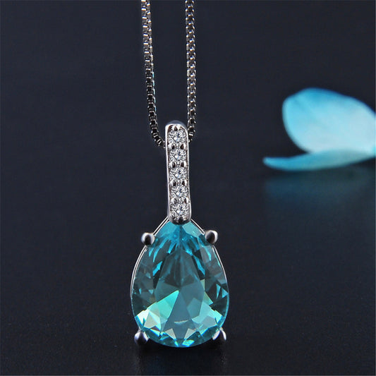 Cubic Zirconia and Aqua Pear Cut Crystal Bezel Prong Pendant Necklace, pendant necklace for women, front view