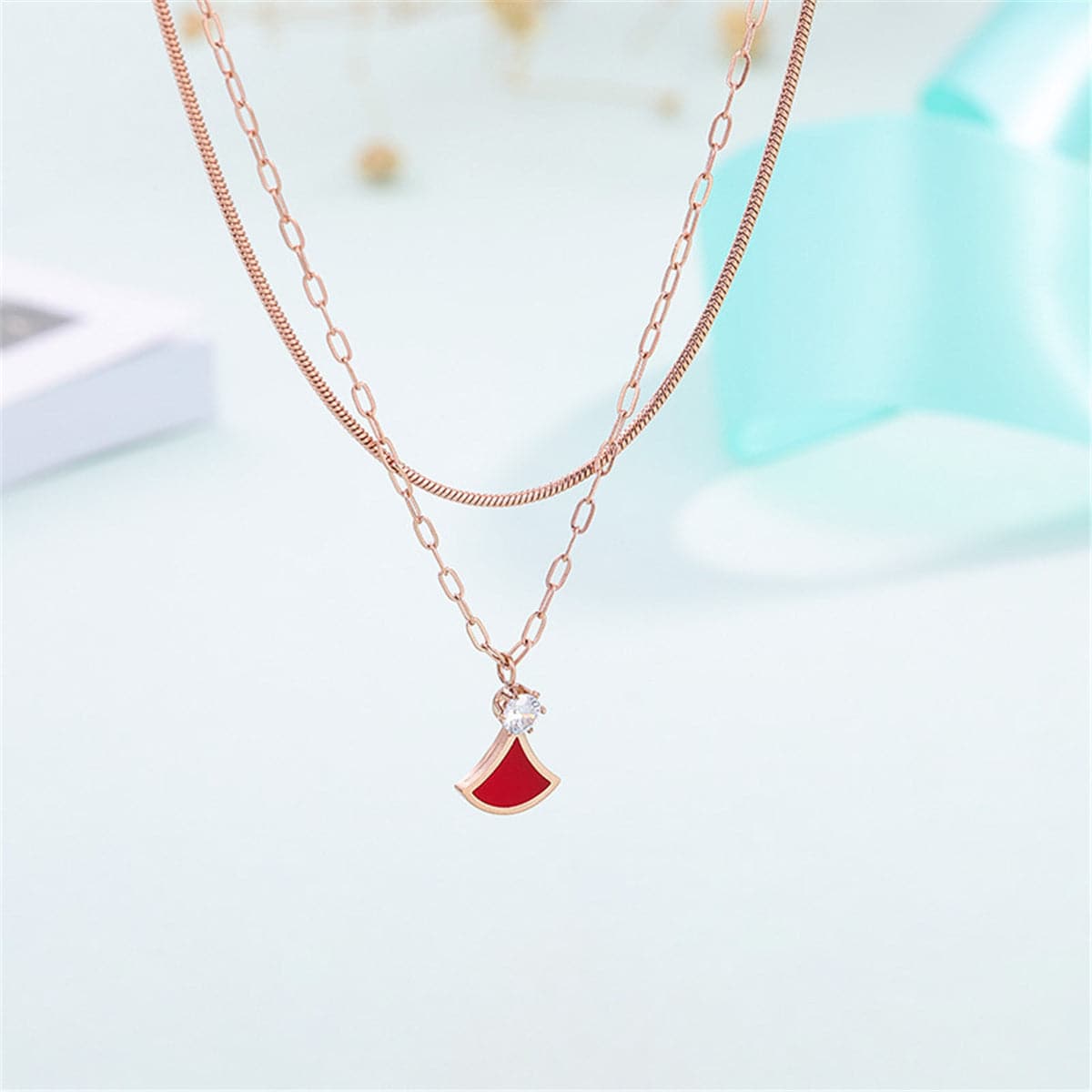 Cubic Zirconia and 18K Rose Gold-Plated Layered Pendant Necklace, rose gold pendant necklace for women, styled look