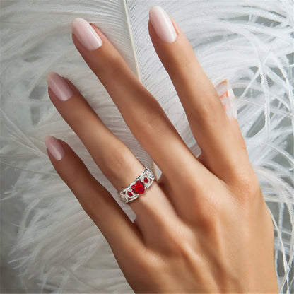 Red Crystal and Cubic Zirconia Heart Ring, statement rings for women, botanical inspired, side view
