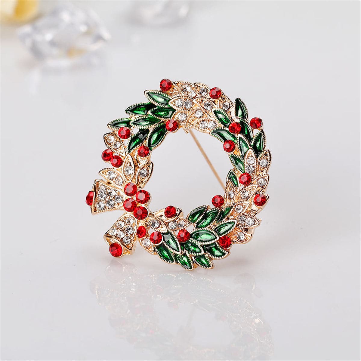 Cubic Zirconia & 18K Gold-Plated Wreath With Ribbon Brooch