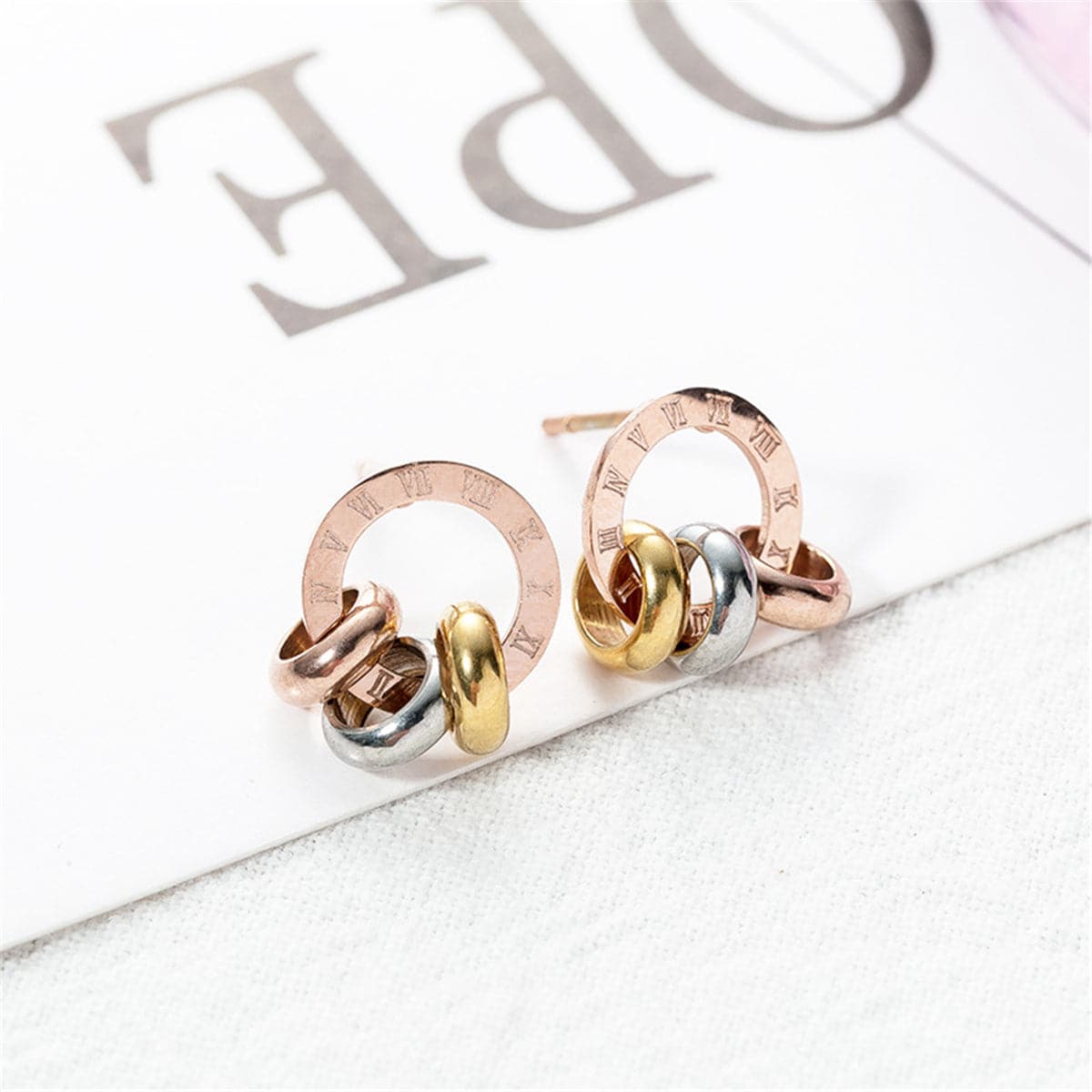 18K Rose Gold-Plated Triple Ring Stud Earrings