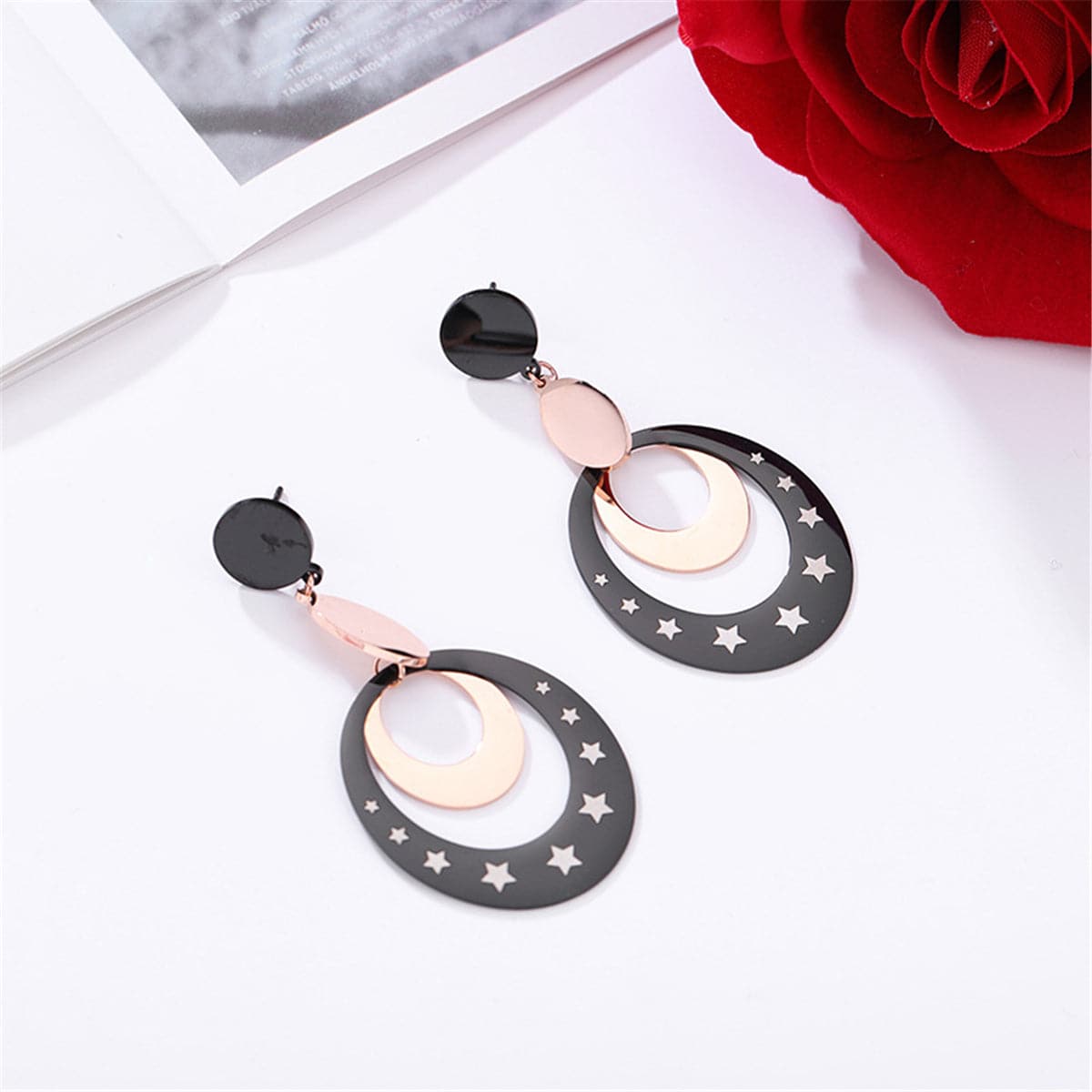 Black and 18K Rose Gold-Plated Star Circle Drop Earrings, rose gold drop earrings for women, elegant gift for her, front view