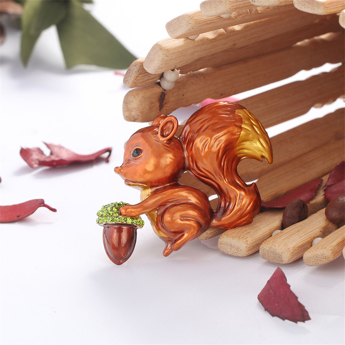 Cubic Zirconia and Enamel 18K Gold-Plated Squirrel Brooch, gold brooch pin, vintage-inspired design, side view