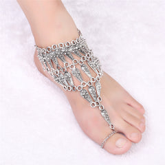 Silver-Plated Tassel Ankle-To-Toe Ring Anklet