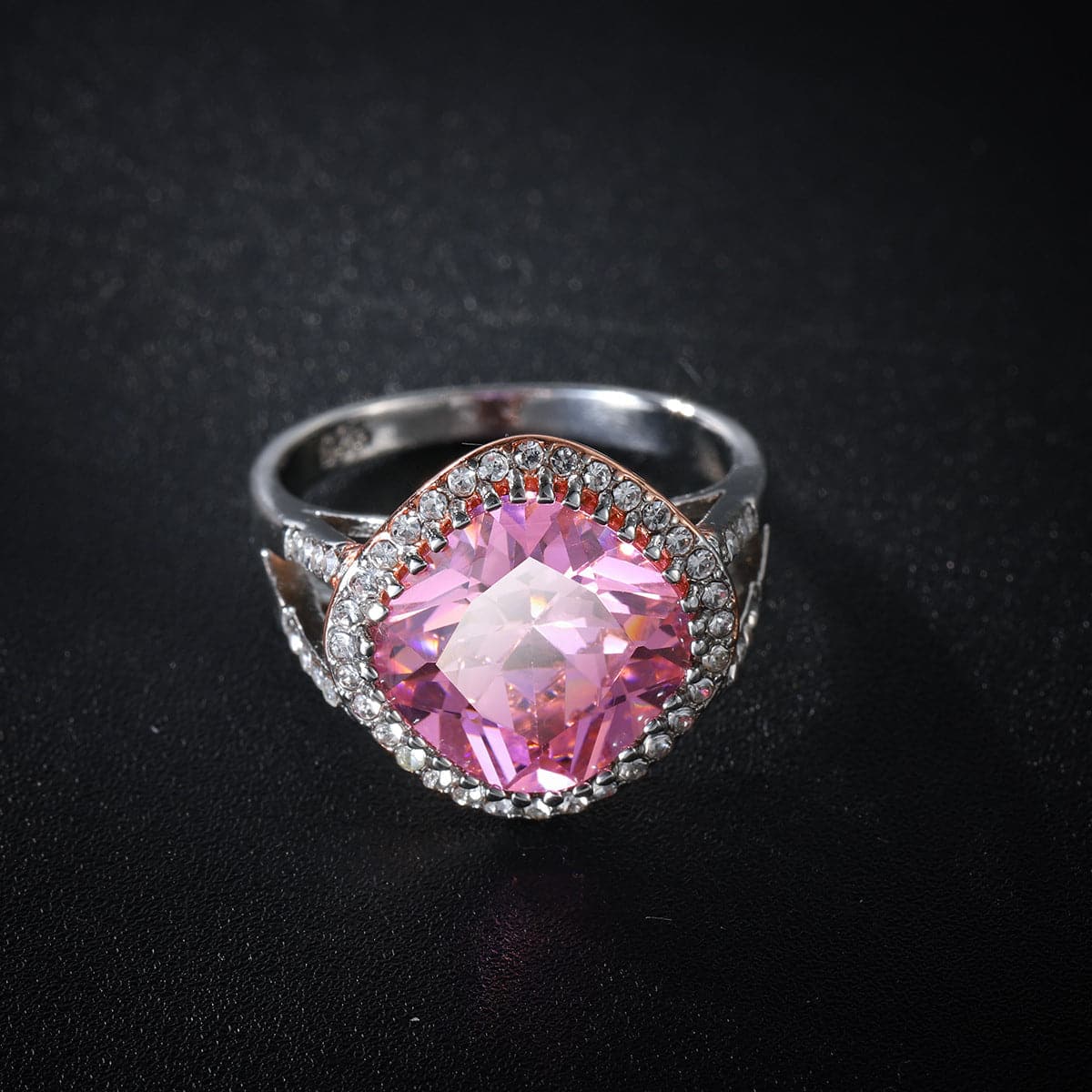 Pink Crystal & Two Tone Cushion-Cut Halo Ring