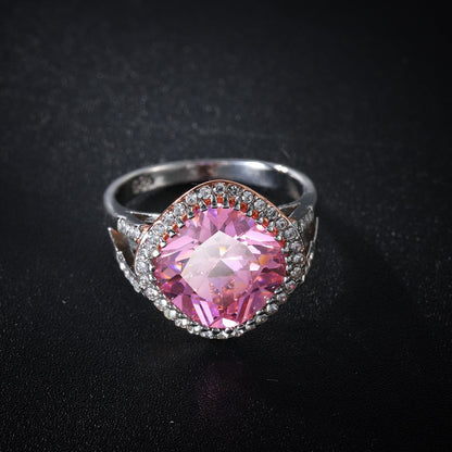 Pink Crystal and Two Tone Cushion-Cut Halo Ring, statement rings for women, botanical inspired, lifestyle look