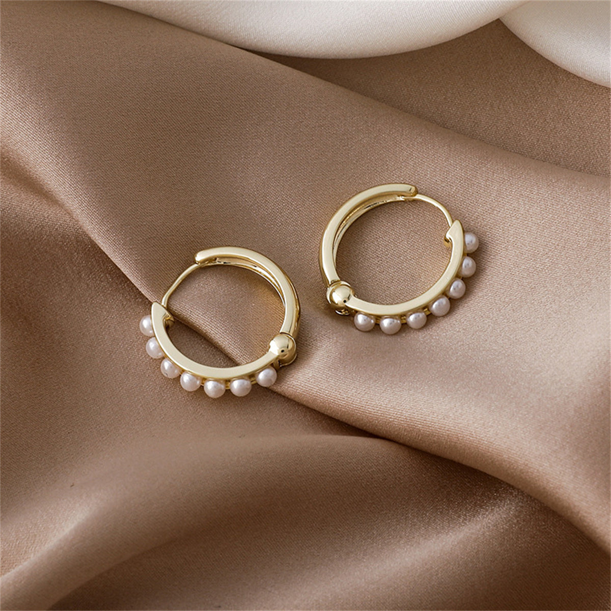 Pearl and 18K Gold-Plated Channel Huggie Earrings, gold huggie earrings, botanical inspired, side view