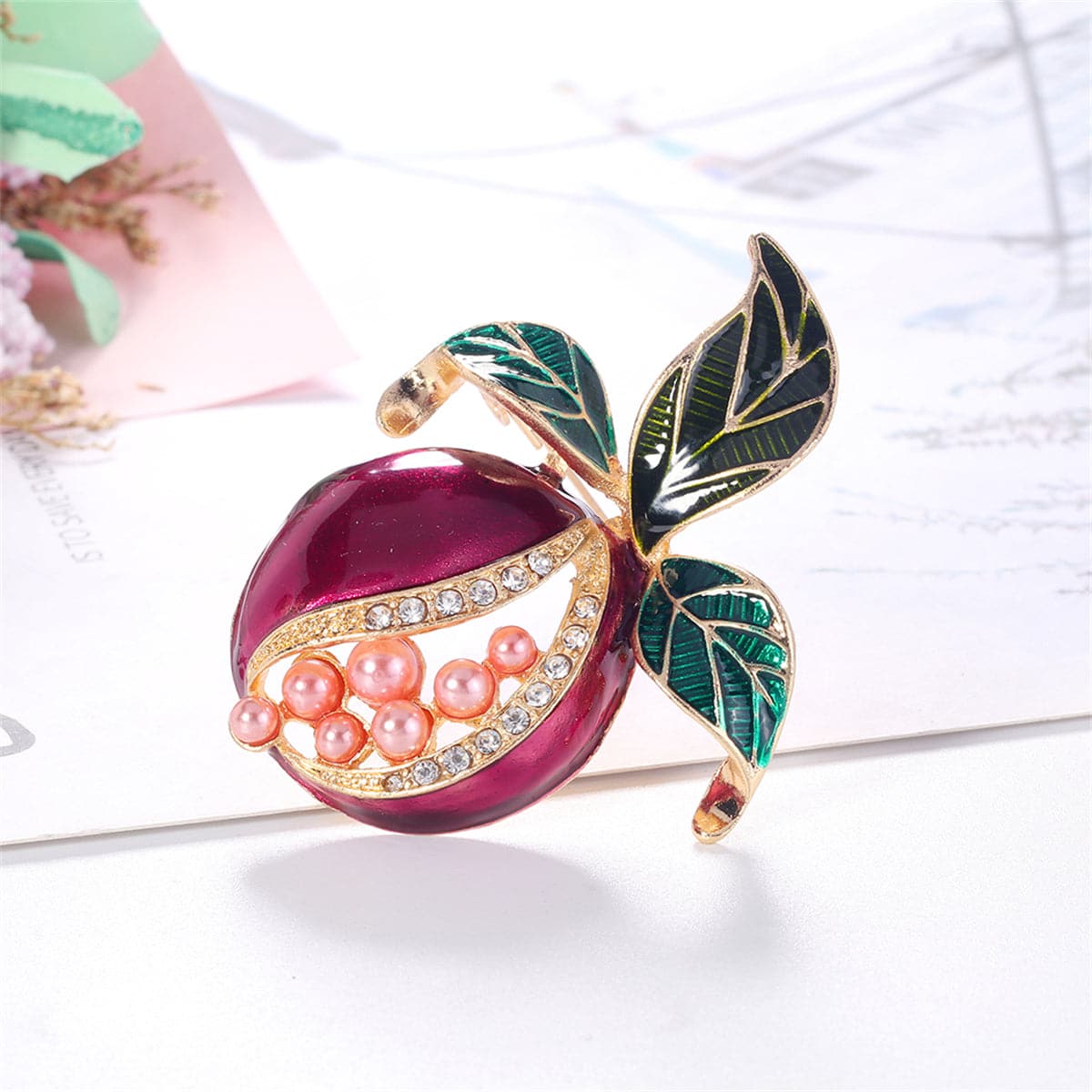 Clear Cubic Zirconia and Pearl Enamel 18K Gold-Plated Pomegranate Brooch, gold brooch pin, side view
