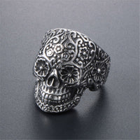 Silver-Plated Floral Skull Band Ring
