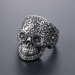 Silver-Plated Floral Skull Band Ring