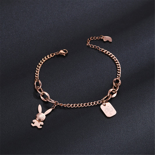 18K Rose Gold-Plated Rabbit and Card Charm Bracelet, rose gold bracelet for women, elegant gift for her, front view