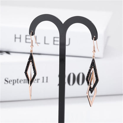Black and 18K Rose Gold-Plated Crossing Rhombus Drop Earrings, rose gold drop earrings for women, everyday style, styled look