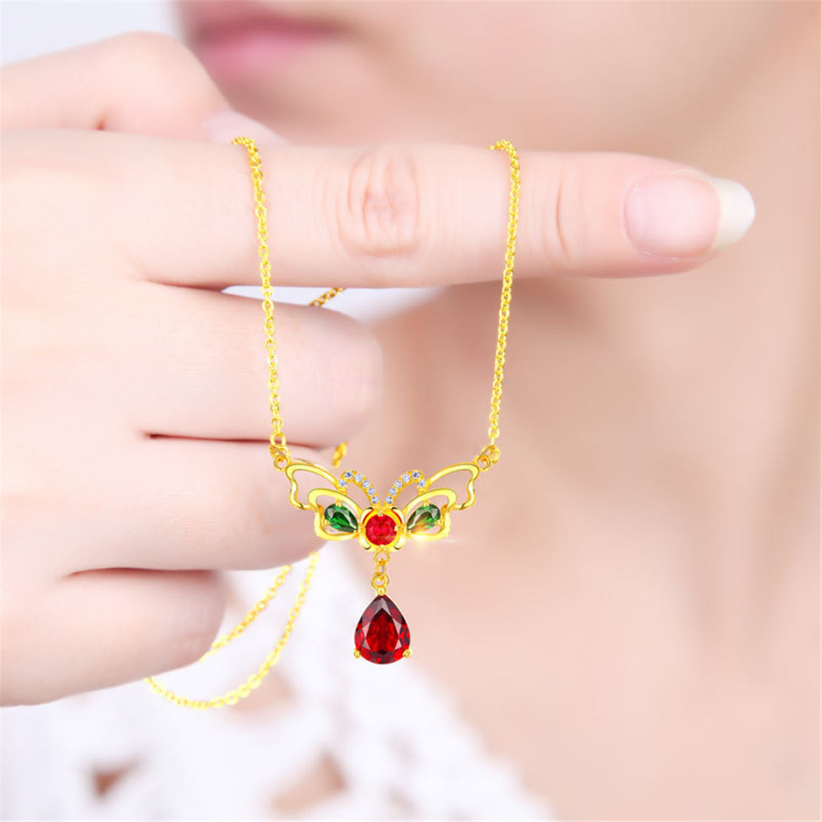 Red Crystal and Cubic Zirconia Butterfly Pendant Necklace, pendant necklace for women, lifestyle look