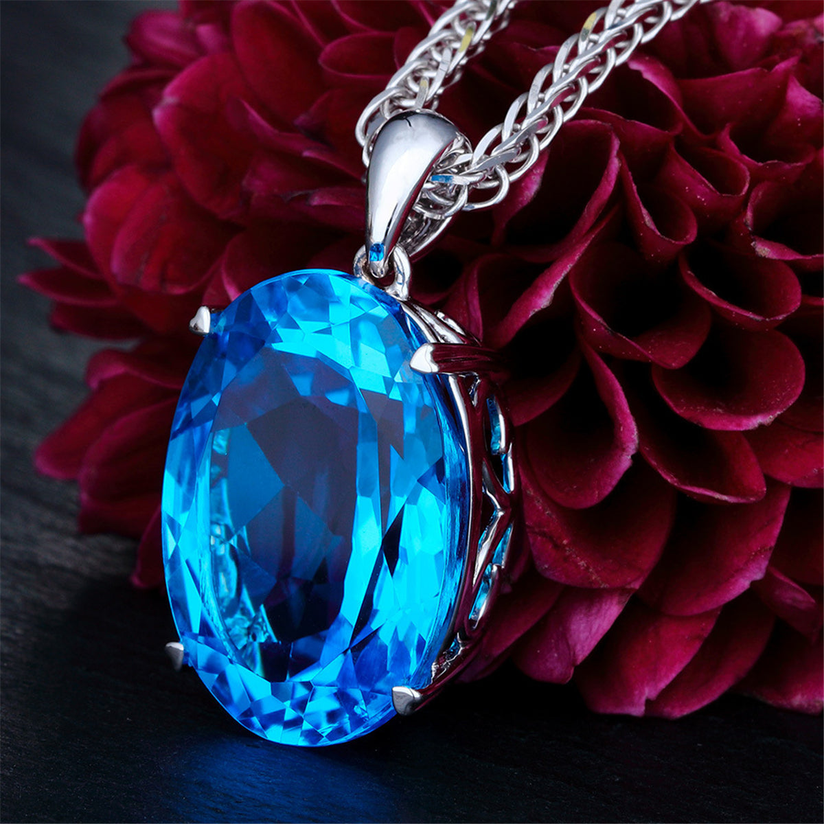 Blue Crystal and Silver-Plated Oval-Cut Pendant Necklace, silver pendant necklace for women, everyday style, front view