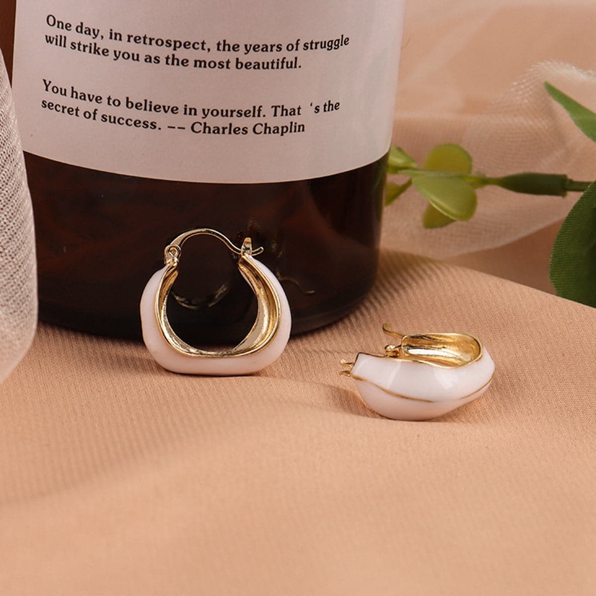 White Enamel & 18K Gold-Plated Geometry Huggie Earrings