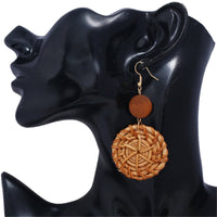 Dark Wood & Rattan Round Drop Earrings