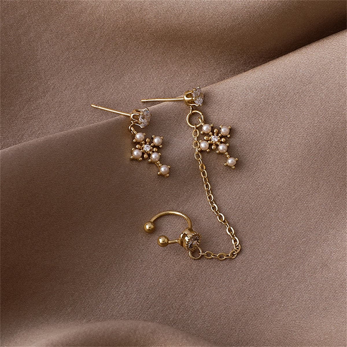 Cubic Zirconia & Pearl 18K Gold-Plated Cross Clip-On Drop Earrings