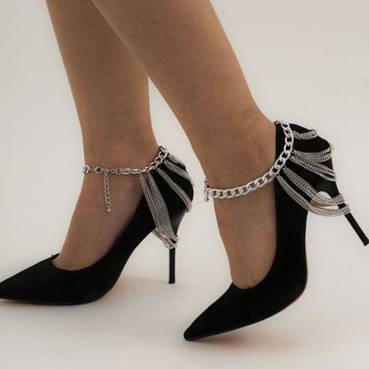 Silver-Plated Figaro Layered Tassel Anklet, silver anklet bracelet, everyday style, front view