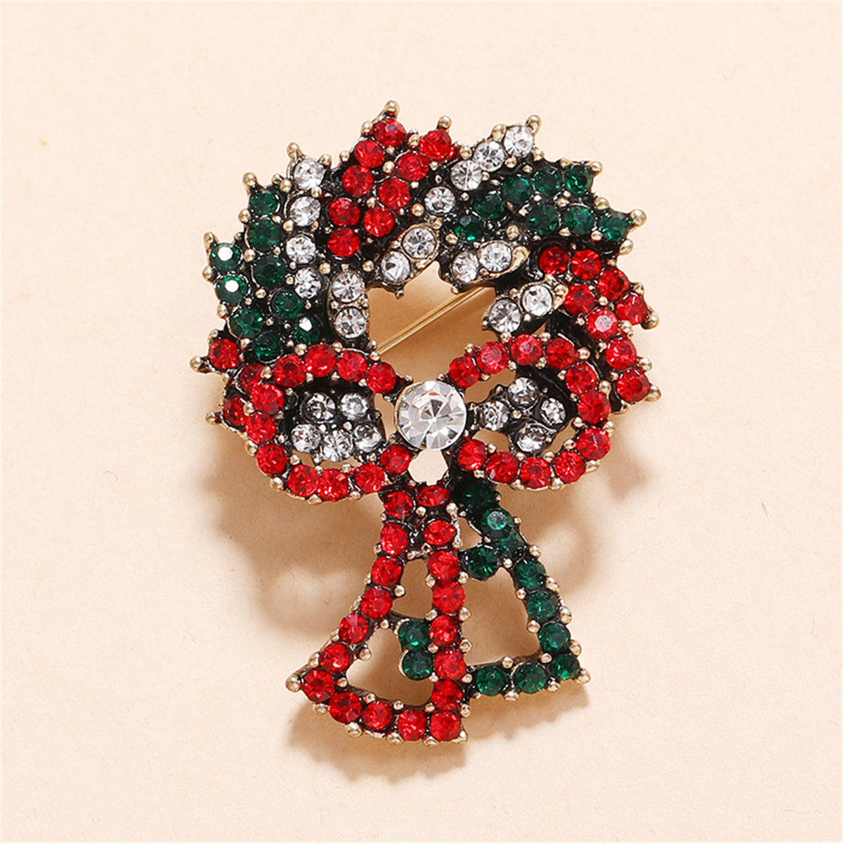 Red Cubic Zirconia and 18K Gold-Plated Christmas Wreath Brooch, gold brooch pin, dainty minimalist design, lifestyle look