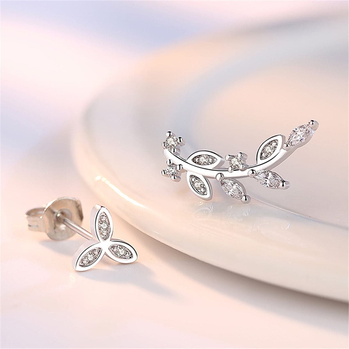 Cubic Zirconia Leaves Ear Climber & Silver-Plated Stud Earring
