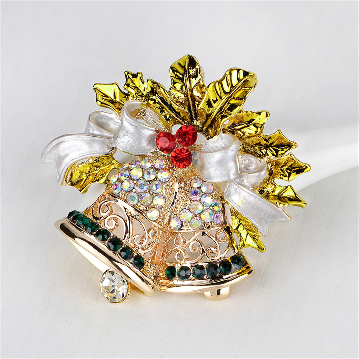 Cubic Zirconia and 18K Gold-Plated Botany Bow and Bell Brooch, gold brooch pin, vintage-inspired design, front view