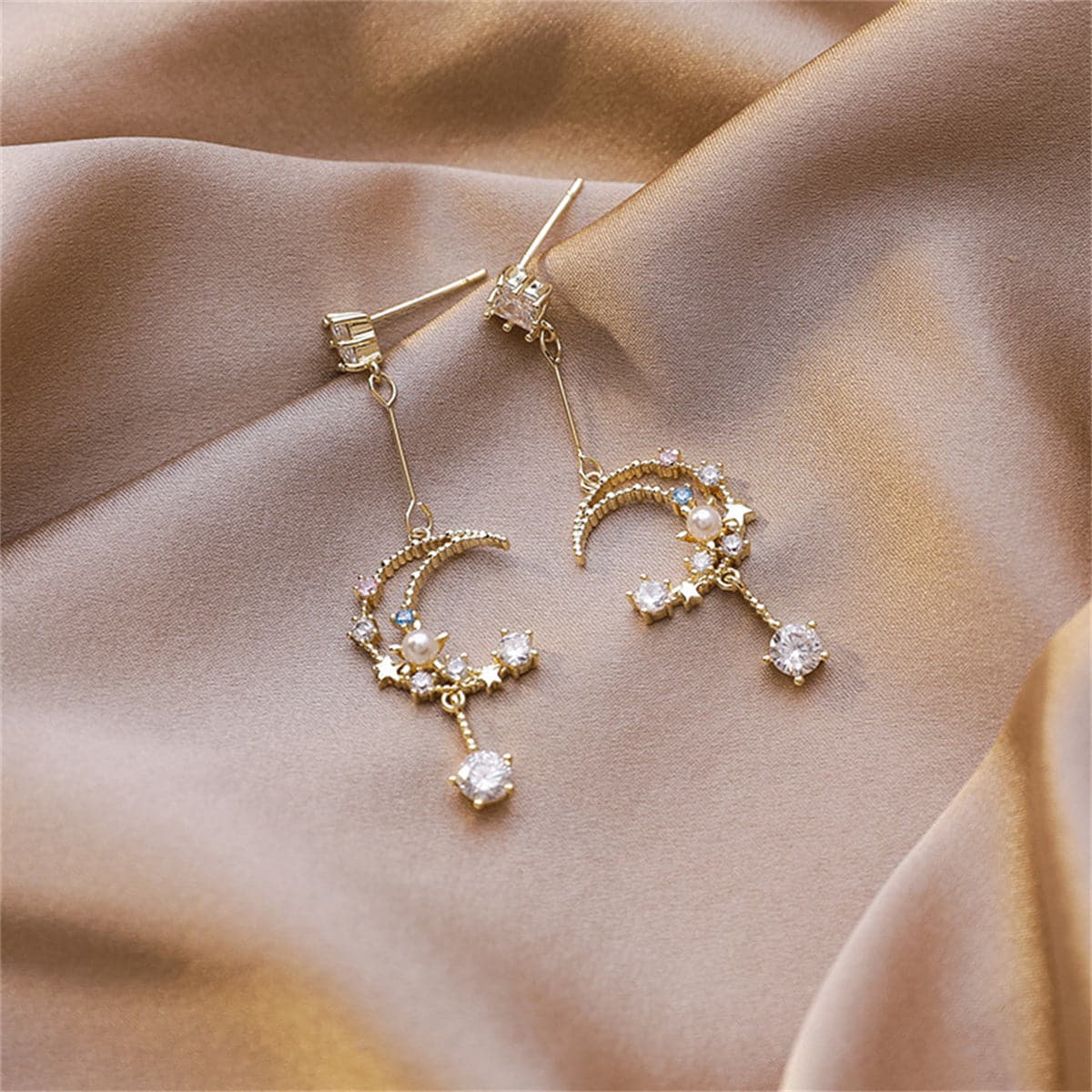 Cubic Zirconia and Pearl 18K Gold-Plated Celestial Drop Earrings, gold drop earrings for women, detail close-up