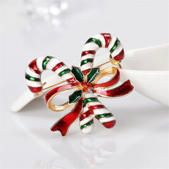 Red & 18K Gold-Plated Bow & Double Candy Cane Crutch Brooch