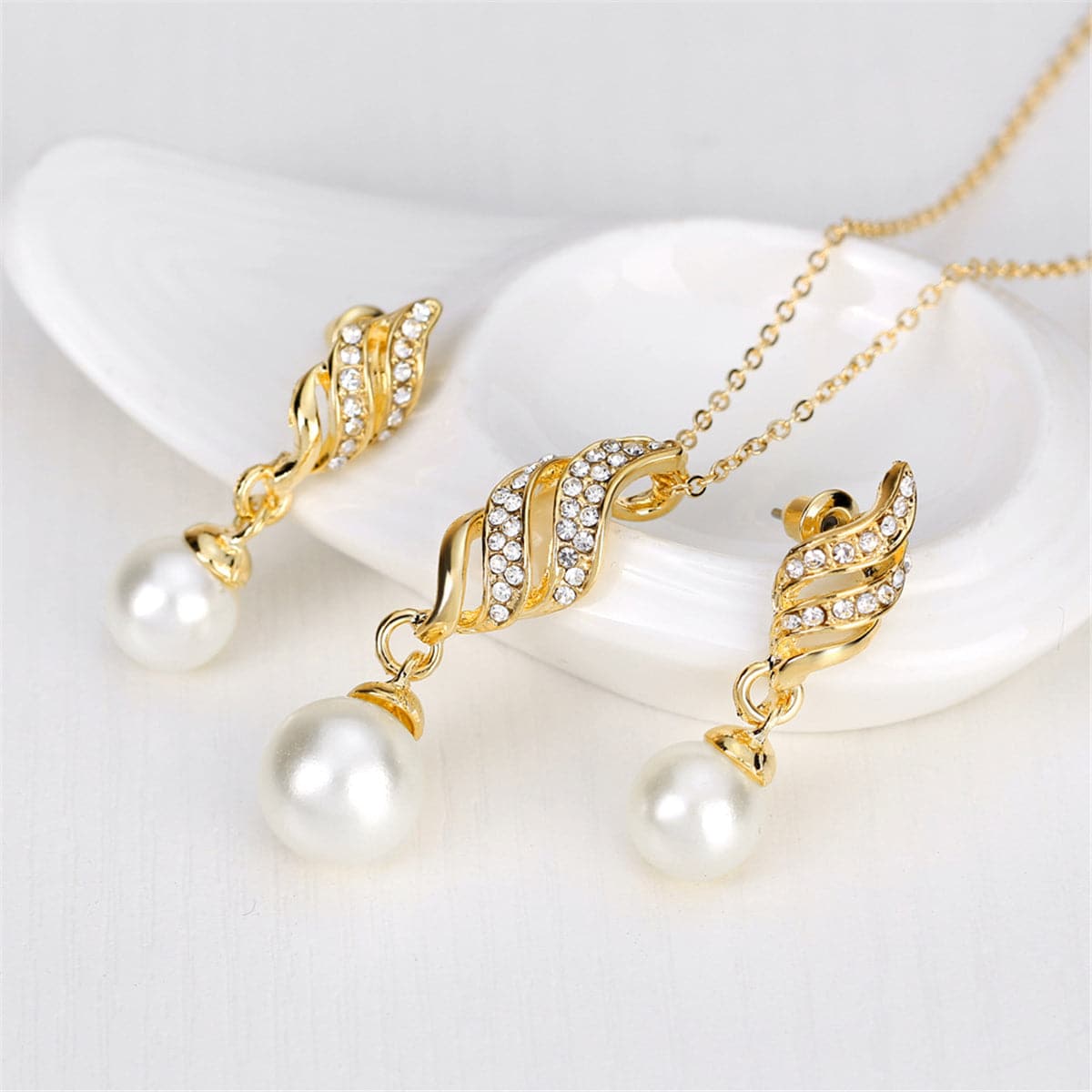 Cubic Zirconia & Pearl 18K Gold-Plated Wing Drop Earrings & Pendant Necklace
