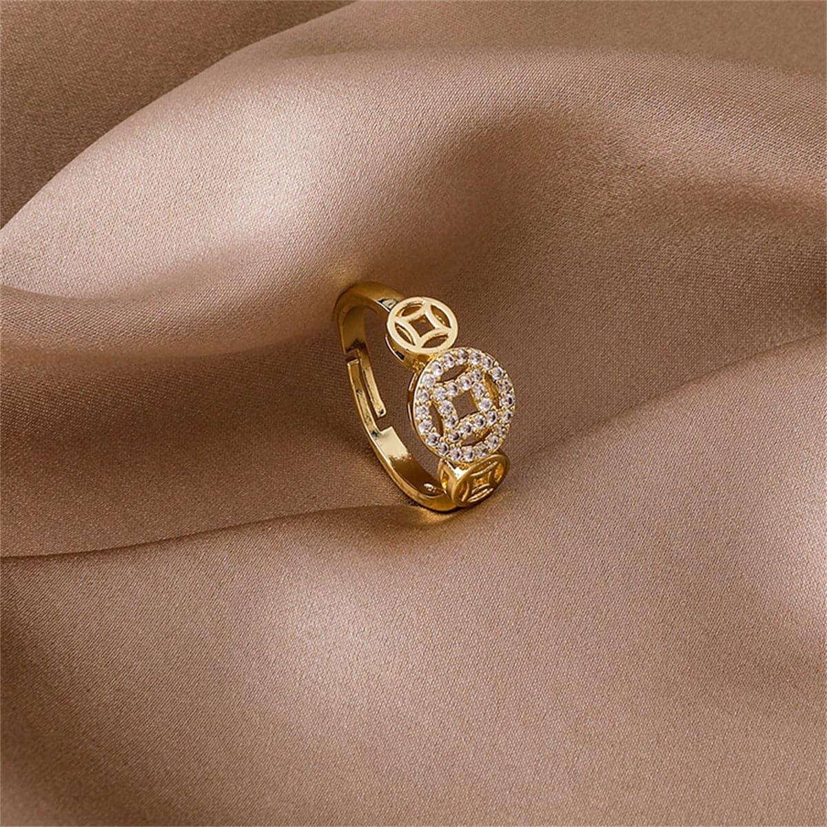 Cubic Zirconia & 18K Gold-Plated Coin Adjustable Ring