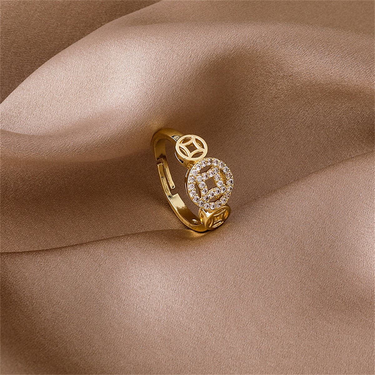 Cubic Zirconia and 18K Gold-Plated Coin Adjustable Ring, gold statement rings for women, everyday style, styled look