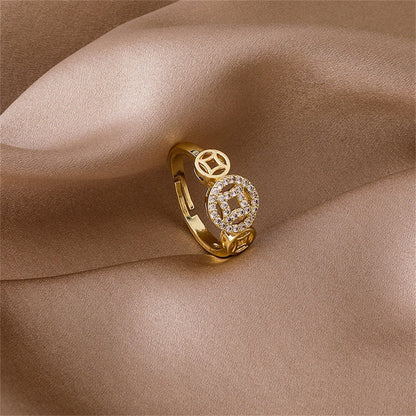 Cubic Zirconia and 18K Gold-Plated Coin Adjustable Ring, gold statement rings for women, everyday style, styled look