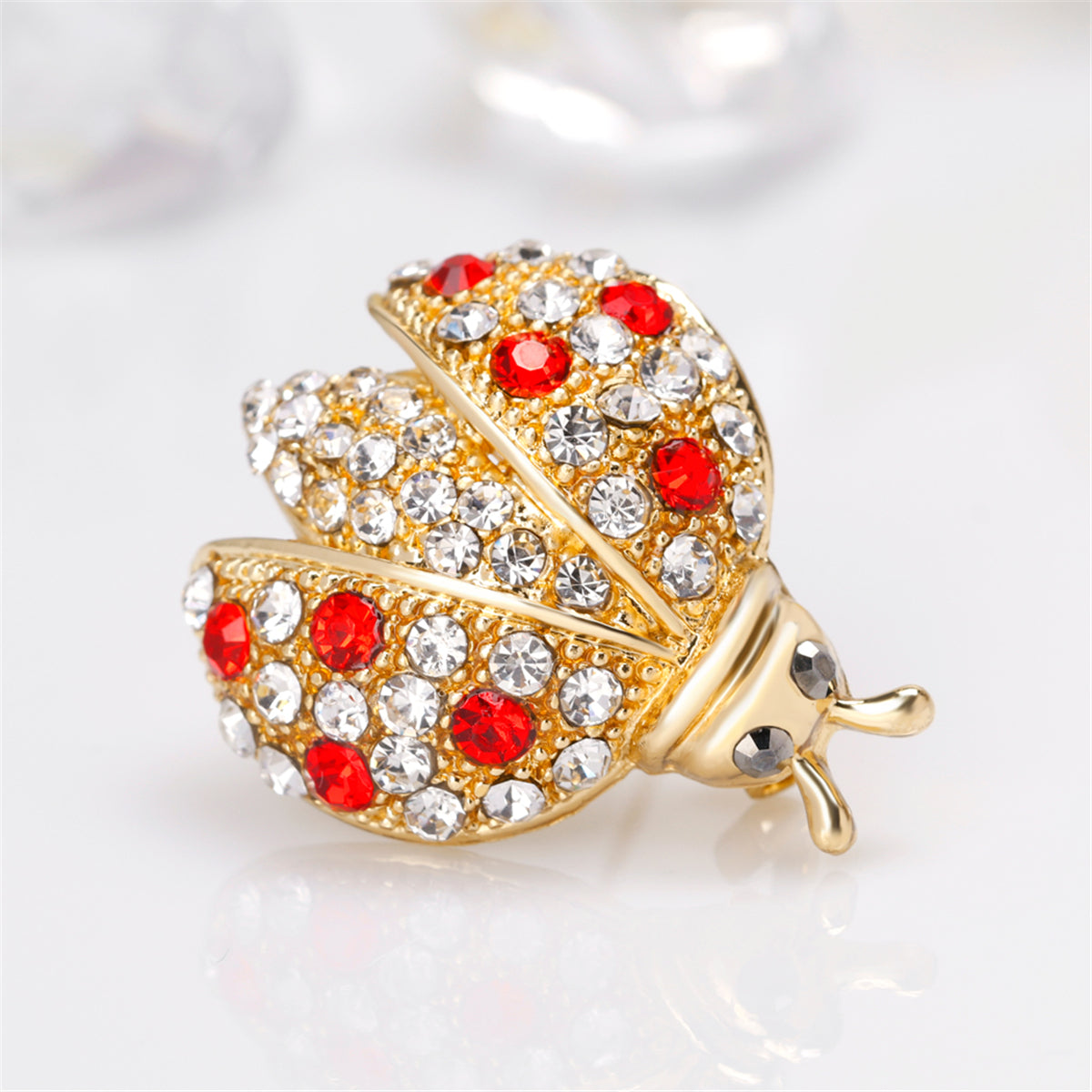 Cubic Zirconia & 18K Gold-Plated Ladybug Brooch