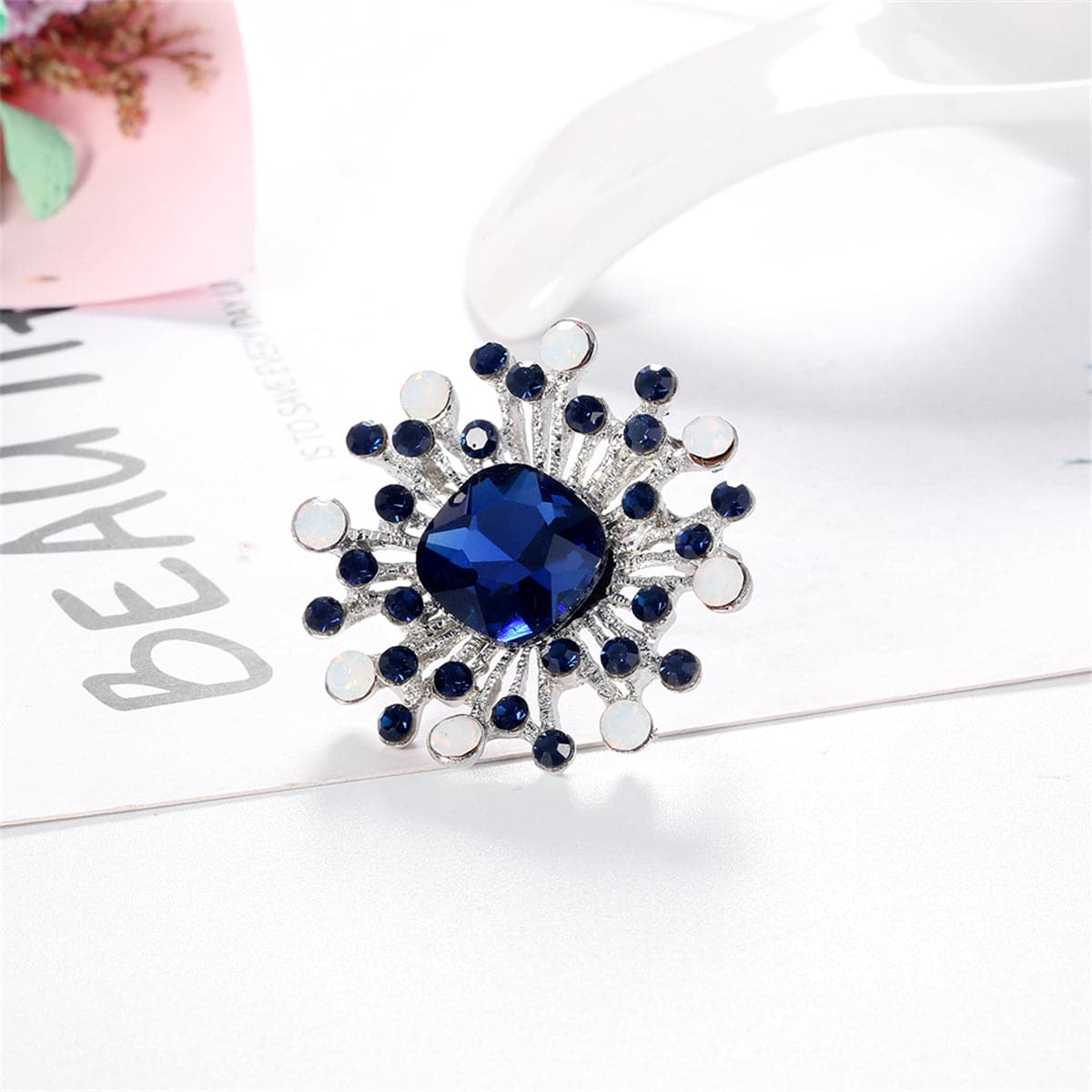 Blue Cubic Zirconia and Silver-Plated Flower Brooch, silver brooch pin, everyday style, side view